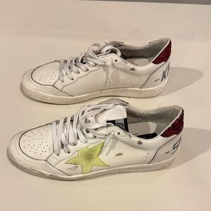 Golden Goose-size 41-Leather Sneakers with Yellow Star & Red Glitter Heel-women